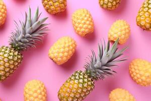 Bright pattern of many pineapples on a trendy soft pink background. Average ripe fruit, photo