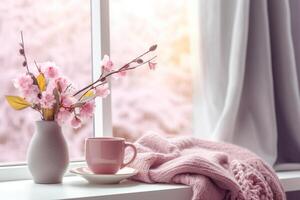 Spring is still alive. Cup of coffee with pink crochet. photo