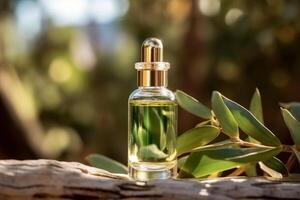 Cosmetic glass dropper bottle with oil, serum or fruit peeling in the sunlight. Green eucalyptus in soft focus. Beauty product presentation on natural background. photo