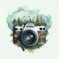 Watercolor Double Exposure Retro Camera With Forest Landscape Concept photo