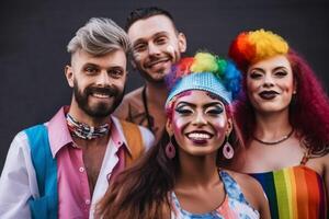 Young multi racial gay people in LGBTQ costume, waist up view isolated on black background studio portrait, photo