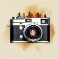 Modern Camera Front Side With Watercolor Forest, National Photography Day Concept photo