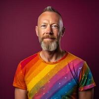 Bearded gay man 50s blonde hair wearing rainbow tee shirt waist up view isolated on red background studio portrait, photo