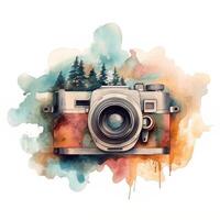 Watercolor Double Exposure Retro Camera With Forest Silhouette, National Photography Day Concept photo