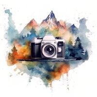 Watercolor Double Exposure Retro Camera With Mountains, National Photography Day Concept Ai Generated photo