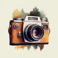 Watercolor Modern Camera Side Angle With Forest Trees, National Photography Day Concept photo