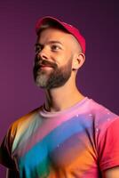 Profile view of gay man 30s wearing red hat, rainbow tee shirt waist up view isolated on plain magenta background studio portrait, photo