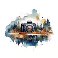 Watercolor Double Exposure Retro Camera With Mountain Forest, National Photography Day Concept Ai Generated photo