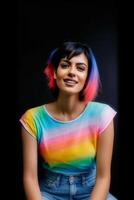 Young happy fun gay woman 20s multicolor hair, wearing rainbow tee shirt waist up view isolated on black background studio portrait, photo