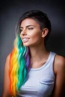 Profile view of LGBTQ woman 20s rainbow hair, wearing white sleeveless shirt waist up view isolated on black background studio portrait, Ai Generated photo