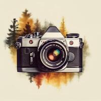 Collage Modern Camera Front Side With Watercolor Mountain Trees, National Photography Day Concept photo