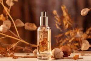 Standing transparent glass cosmetic dropper bottle with dried flowers and leaves on beige background. Autumn composition. photo