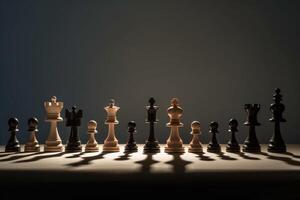 Collection of chess pieces with shadows from sunlight, photo