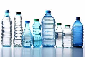 Many water bottles of different sizes are isolated on white background, photo