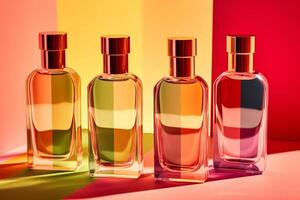 Perfume glass bottles of different bright colors standing on pink background. Abstract pattern by shadows and reflections in sunlight. Ai generative photo