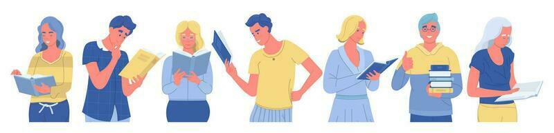 Group of people holding books and standing in a row. Students studying and preparing for examination. vector