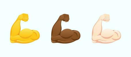 flexionado bíceps iconos fuerte músculo manos de varios piel tonos gesto emoji vector ilustración.