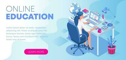 Concept of online Education. Landing page template. Student sitting at desk and looking at computer monitor. Can use for web banner, infographics, and website. Vector illustration