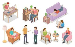 Reading people isometric set. Human characters standing and sitting on chair, lying on sofa with books. Male and female self education or leisure. vector