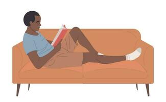 Black man relaxing on the couch and reading a book. Education hobby concept vector illustration