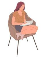 Girl dressed in blue shorts and a yellow t-shirt sits comfortably on a chair and reads a book. Education hobby concept vector illustration.