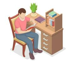 Young man reading book sitting in chair isometric vector. An intelligent reader enjoys literature or studies. Concept living room with desk and shelf. vector