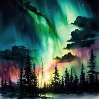 Northern Lights watercolor photo