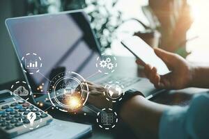 New technology bigdata and business process strategy. Digital transformation change management, internet of things. Customer service management, cloud computing, smart industry. Ai technology. photo