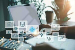 New technology bigdata and business process strategy. Digital transformation change management, internet of things. Customer service management, cloud computing, smart industry. Ai technology. photo