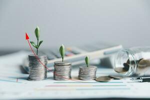 Save money, success goals and investment growth concept. Tree growing on stack coins with arrows rising on blur office background. Financial and business, Management money retire, tax. photo