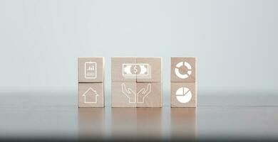 Wooden blocks with symbol of personal loan concept on grey background photo