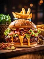 Juicy beef, melted cheese, and toppings galore - the classic cheeseburger is a mouthwatering delight that never disappoints. AI Generated. photo