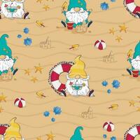 Seamless pattern with cartoon gnome building a sandcastle drinking a cocktail on the beach. vector