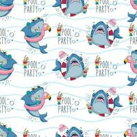 Seamless pattern with cartoon sharks with cocktails and inflatable circles among the sea waves and the inscription pool party in a flat style. vector