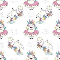 Seamless pattern with cute kawaii unicorn with rainbow mane and horn in anime style jumping and farting vector