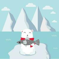 Polar bear with red scarf catching fish. vector