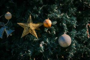 oro estrella en Navidad árbol foto