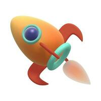 3d render icon. A cartoon yellow rocket with a blue window and red props is flying.  Vector isolated illustration