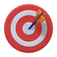 3d render icon of red and white target with orange blue arrow in the center. Vector isolated illustration