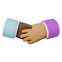 3d render cartoon of a dark-skinned hand shaking a light-skinned hand. Vector illustration isolated on white background. 3d for web or app. Cartoon style