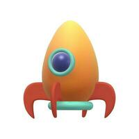 3d render icon. A cartoon yellow rocket with a blue window and red props standing.  Vector isolated illustration