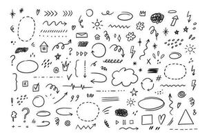 Sketch hand drawn line set of simple decorative elements. Various icons such as hearts, stars, speech bubbles, arrows, lines isolated on white background. vector