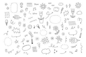 Doodle set of simple decorative elements. Various icons such as hearts, stars, speech bubbles, arrows, lines isolated on white background. vector