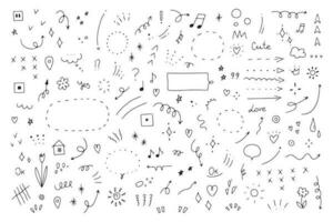 Doodle set of simple decorative elements. Various icons such as hearts, stars, speech bubbles, arrows, lines isolated on white background. vector