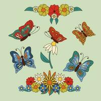 retro dibujos animados clipart con flores y mariposas vector contorno estilizado ilustración. colección de aislado pegatinas Perfecto para decoración, saludo tarjetas, postales