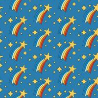 Childish cartoon retro seamless pattern with stars and rainbow on blue background. Unique kids vector design. Ideal for kids textile, wallpaper, wrapping, background, interior decor.