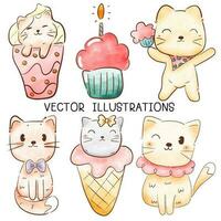 acuarela linda gato dibujos animados mano dibujado estilo para imprimir, tarjeta, camiseta, bandera y ilustración. vector