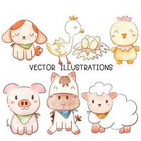 Watercolor Illustration set of Farm Animals vector