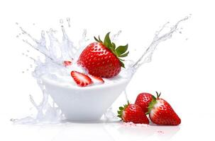 Concept of Milk or Yogurt Splash with Strawberries Isolated on White Background - photo