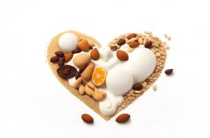 Concept of love-shaped milk wave while featuring the inclusion of various dry fruits Isolated on White Background - photo